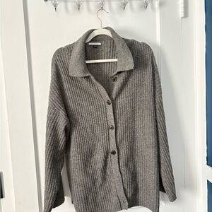 AE American Eagle Gray Ribbed Button-Up Cardigan Sweater